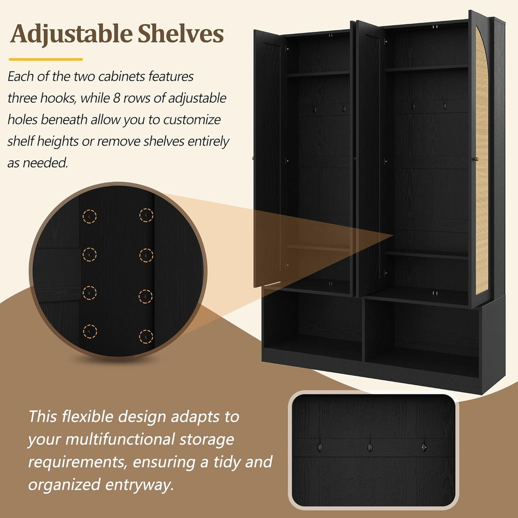 Farmhouse Widen Hall Tree with 4 Rattan Doors, Versatile 4-in-1 Seating Bench with 6 Hooks, Mid-Century Entryway Shoe Cabinet with Adjustable Shelf for Living Room (Black#55)