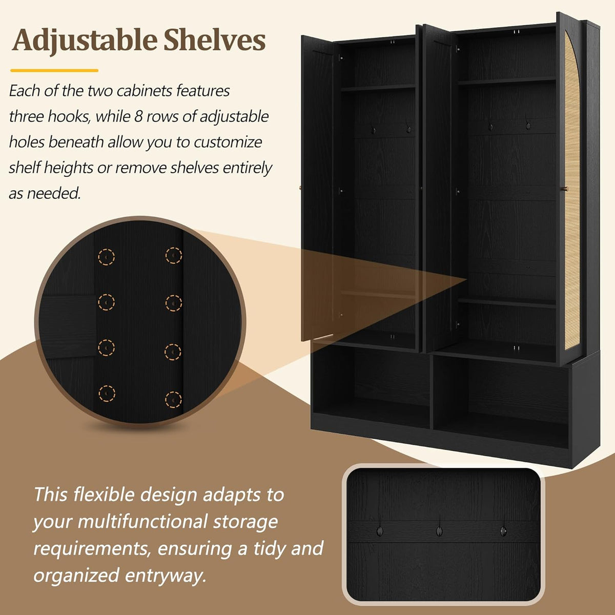 Farmhouse Widen Hall Tree with 4 Rattan Doors, Versatile 4-in-1 Seating Bench with 6 Hooks, Mid-Century Entryway Shoe Cabinet with Adjustable Shelf for Living Room (Black#55)
