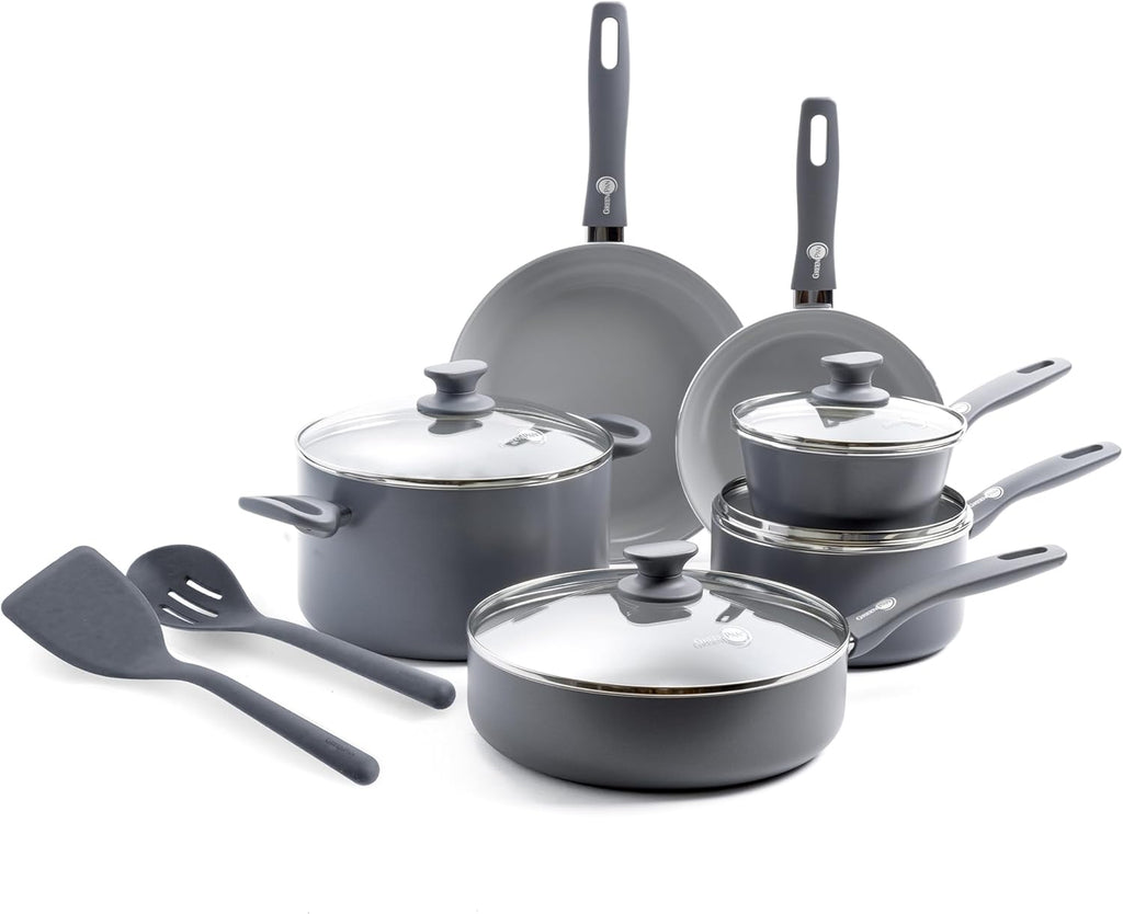 GreenPan Dover Healthy Ceramic Nonstick, 12 Piece Cookware Pots and Pans Set, PFAS-Free, Dishwasher Safe, Comfort Grip Handle, Gray