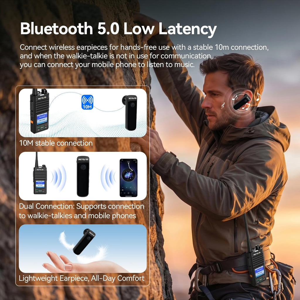 Retevis RB58 Bluetooth Walkie Talkies with Wireless Earpieces,IP54 Two Way Radio with Noise Cancelling,APP Control,Group Call,1800mAh,NOAA,VOX,Emergency Alarm,for Hunting Camping Family(2 Pack)