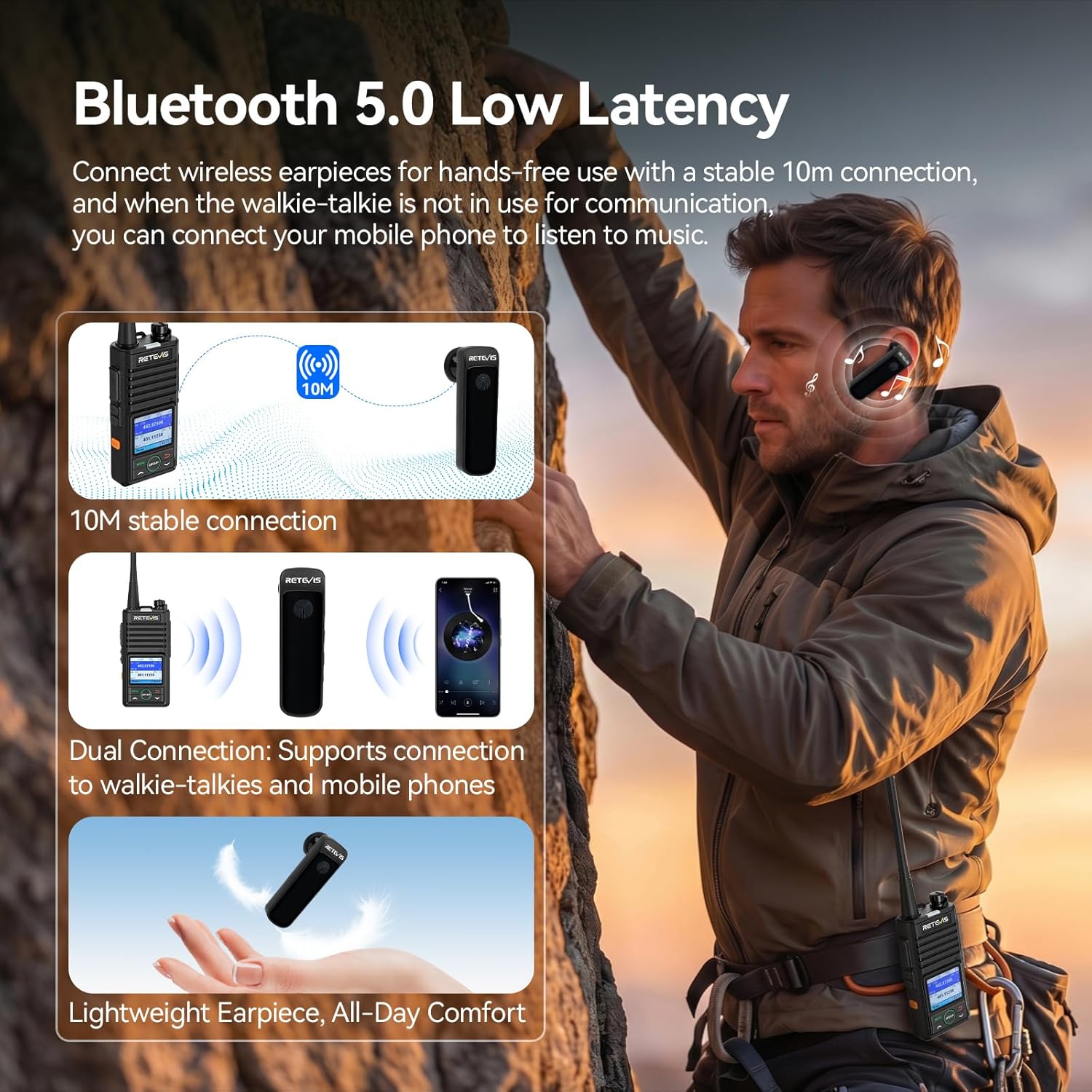 Retevis RB58 Bluetooth Walkie Talkies with Wireless Earpieces,IP54 Two Way Radio with Noise Cancelling,APP Control,Group Call,1800mAh,NOAA,VOX,Emergency Alarm,for Hunting Camping Family(2 Pack)