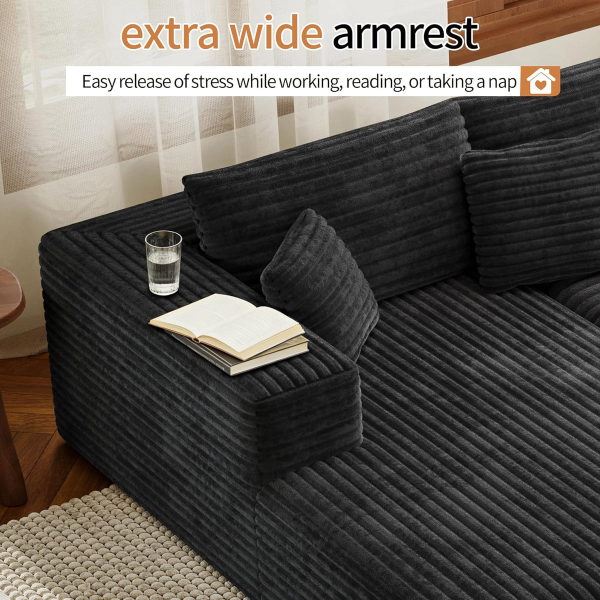 107" Modular Sectional Couches for Living Room, Comfy L-Shaped Boneless Cloud Couch with Chaise, Modern Deep Seat Corduroy Floor Sofa, No Assembly Required (Right Facing Chaise, Black)