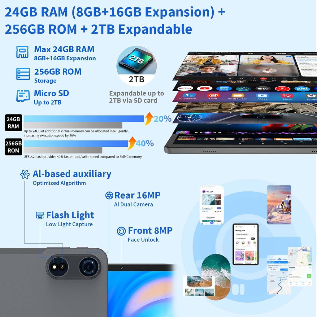 2026 Android 16 Tablet, 12 inch Tablet with Keyboard, 24GB+256GB+2TB Expand, Electronic Tablet PC with 2K Gemini AI, 8000mAh, Octa-Core, GMS, GPS, 2 in 1 Large Tablets with Case, Mouse, Stylus(Silver)
