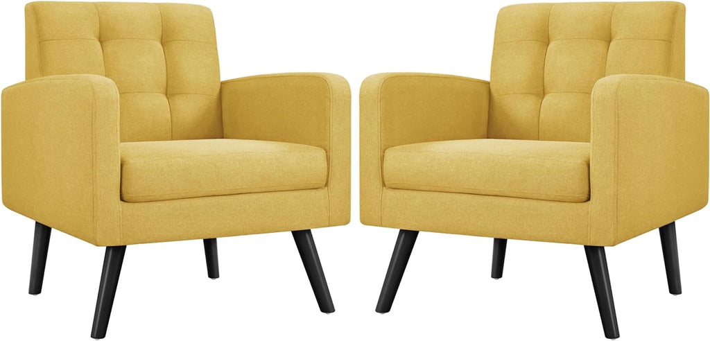 Yaheetech Mid-Century Accent Chairs, Modern Upholstered Living Room Chair, Cozy Armchair Button Tufted Back and Wood Legs for Bedroom/Office/Cafe, Set of 2, Yellow