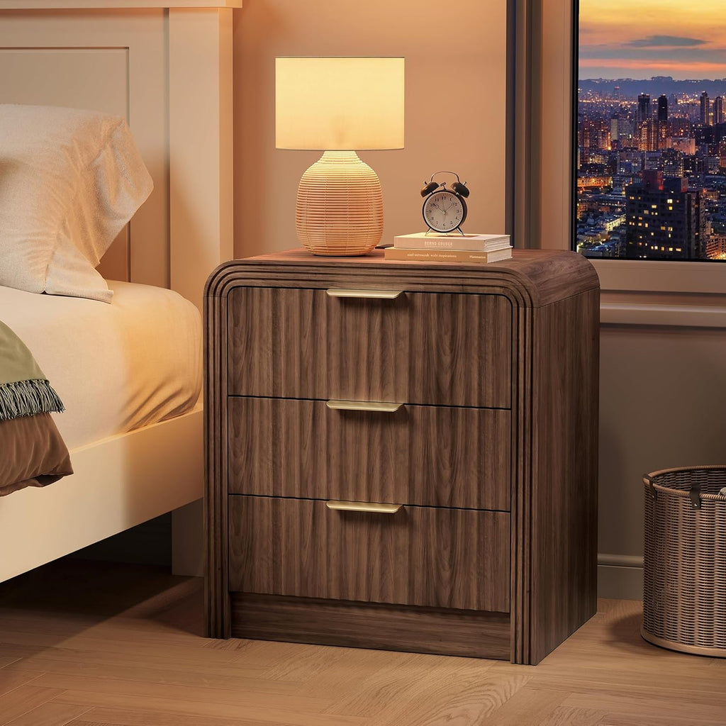 Decofy Fluted Nightstand with Charging Station, Modern Bedroom Side Table with Gold Handles, Curved Profile Design, End Table Wood Organizer for Bedroom, 19.7" & 3 Drawers (2 Pack, Walnut)