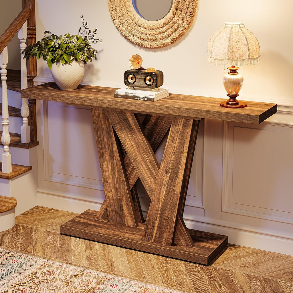 Tribesigns 55-Inch Farmhouse Console Table, Farmhouse Behind The Couch Table TV Stand with Geometric Base, Skinny Sofa Table Entryway Table for Entrance, Living Room, Hallway, Foyer, Rustic Brown