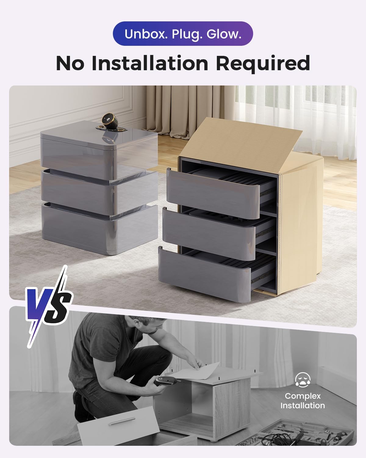 Dystler Night Stand with Charging Station and RGB Lights, Fully Assembled LED Nightstand with Galaxy Projector, 3 Drawers Bedside Table with Hidden Storage for Bedroom (Gray)