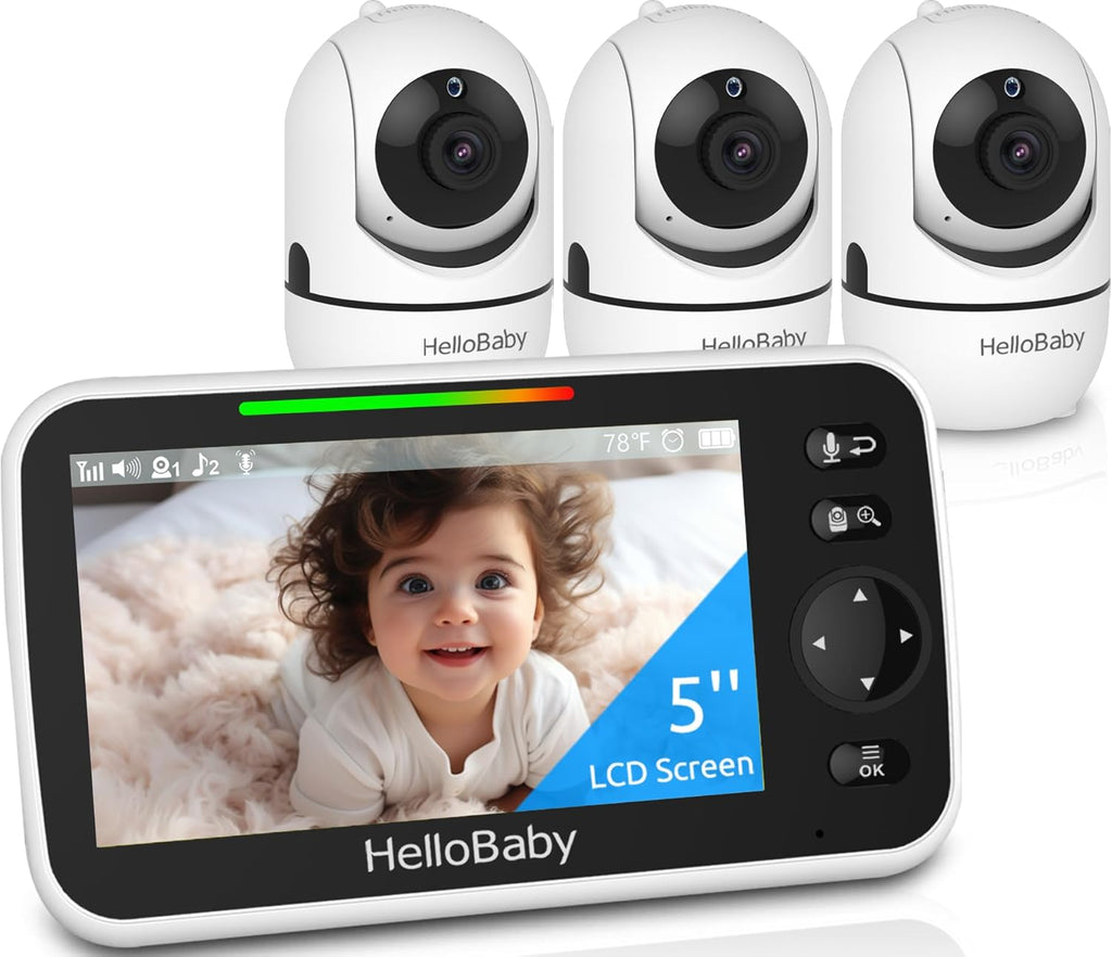HelloBaby HB6550 5" Baby Monitor 3 Cameras, 26-Hour Battery, Pan-Tilt-Zoom,1000ft Range Video Audio Baby Monitor No WiFi, ECO, Night Vision, 2-Way Talk, 8 Lullabies and Temperature, Ideal Gifts
