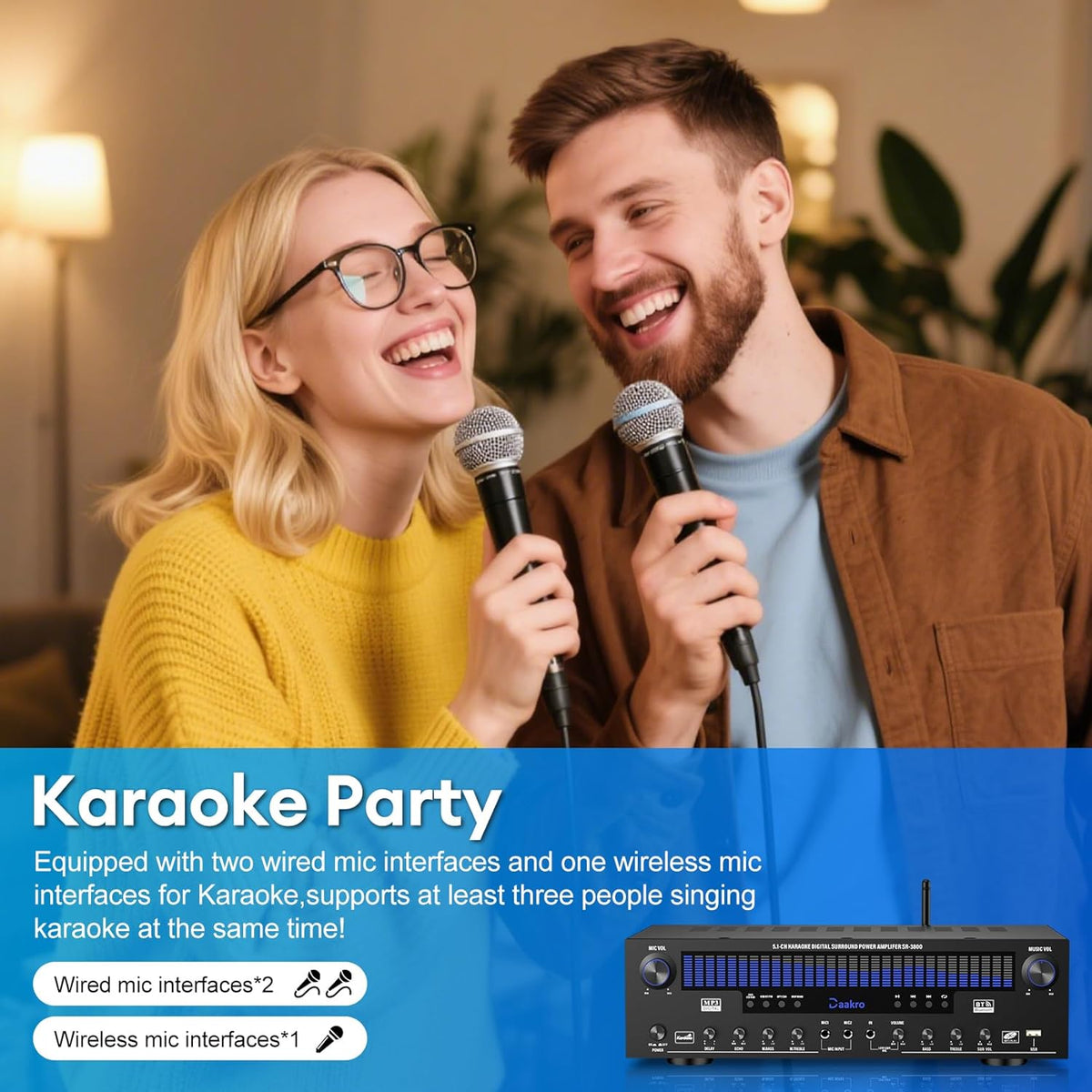 Daakro Stereo Receivers Home Audio Amplifier w/DSP Display,300W Rated Power 5.1 Channel Bluetooth Receiver,Home Amp w/BT/CD/DVD/AUX/USB/BT/FM/Opt/COA/MIC for Home/Studio/Theater Passive Speakers