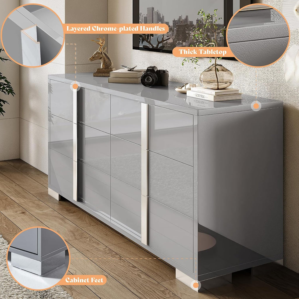 AMERLIFE 54" W High Gloss 6 Drawers Dressers with Silver Grooved Handles, Modern Storage Chest of Drawers with Wide Tabletop, for Bedroom/Dressing Room/Living Room, Grey