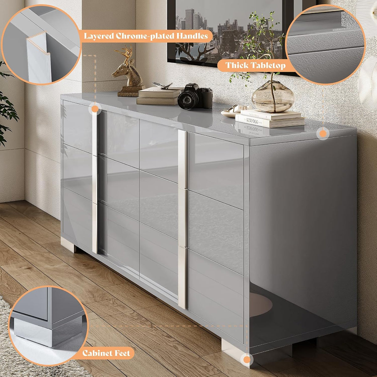 AMERLIFE 54" W High Gloss 6 Drawers Dressers with Silver Grooved Handles, Modern Storage Chest of Drawers with Wide Tabletop, for Bedroom/Dressing Room/Living Room, Grey