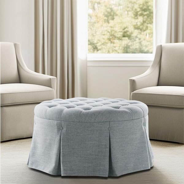 Martha Stewart Cocktail Ottoman for Living Room Fully Upholstered, Button Tufted Round Ottoman Footrest, Pleated Skirt, Extra Seating Bedroom Ottoman Furniture Decor, Terry, 32" W, Light Blue