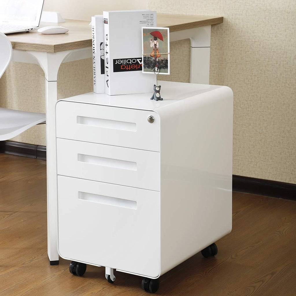 Garvee 3 Drawer File Cabinet with Lock, Under Desk Mobile Metal Filing Cabinet for Home Office, 5 Wheel Anti-Tilt Rolling File Cabinets for A4/Letter/Legal Size, Fully Assembled