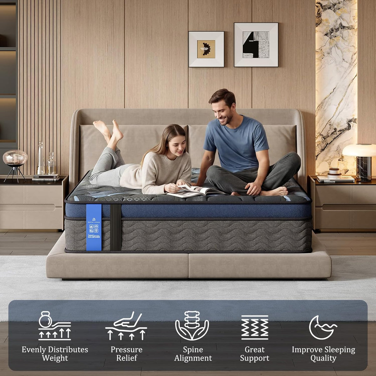 12 Inch Queen Plush Hybrid Mattress, Gel Memory Foam & Pocket Springs, Pressure Relief & Zoned Support, Medium Firm, CertiPUR-US (Grayish Blue, Queen (U.S. Standard), 12, 12, Inches)