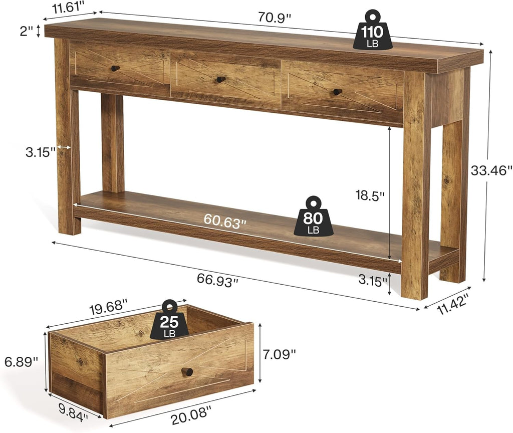 Tribesigns 70.9" Console Table with 3 Drawers, Extra Long Entryway Table for Living Room, Hallway, Narrow Sofa Table Behind Couch with Storage Shelf, Rustic Brown