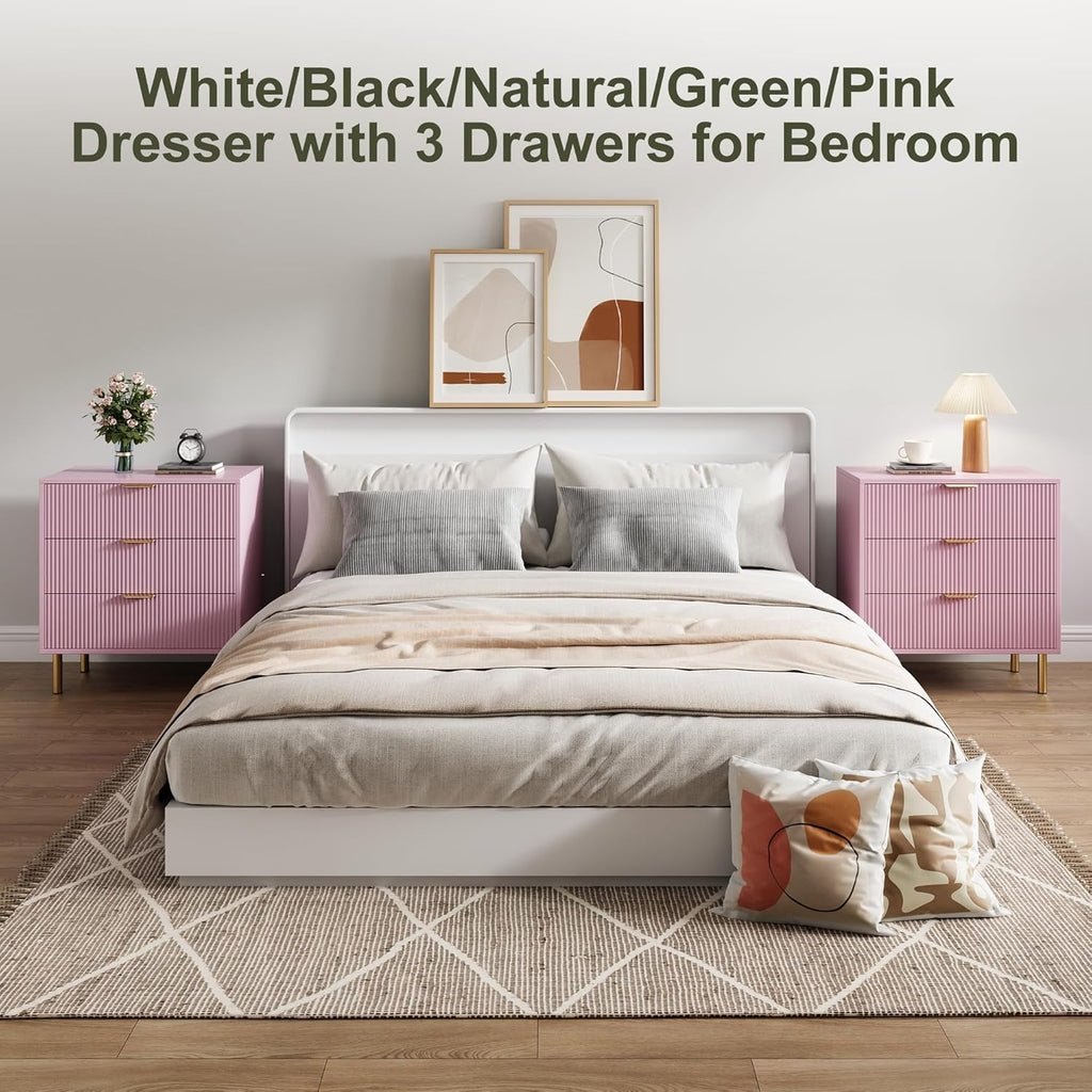 IDEALHOUSE Pink Dresser, Modern 3 Drawer Dresser for Bedroom with Gold Handle and Large Drawer, Wood Double Chest of Drawers and Storage Organizer for Living Room, Hallway, Entryway