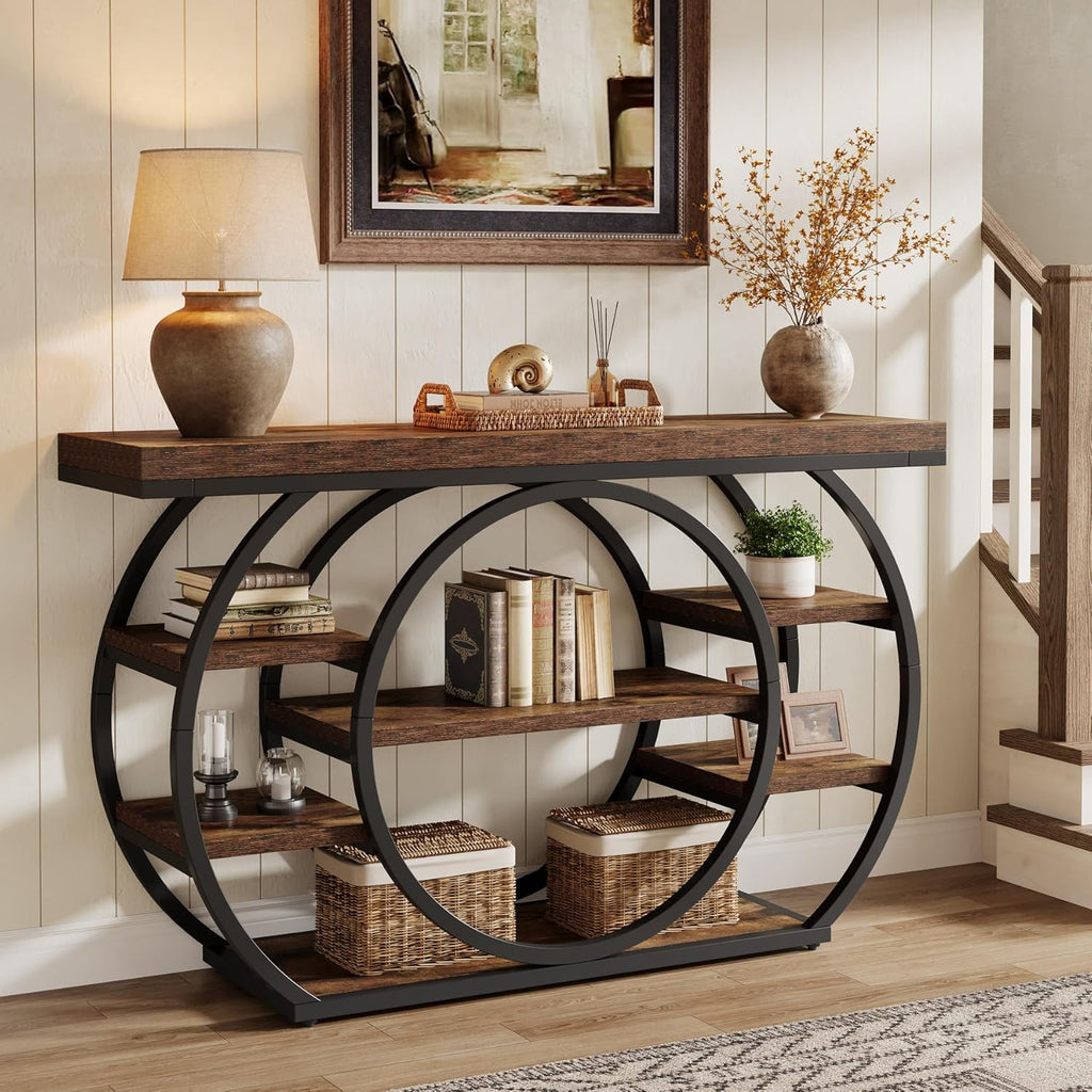 Tribesigns 47" Console Table for Living Room, 5-Tier Industrial Entryway Table with Metal Frame, Narrow Sofa Table Behind Couch Accent Tables for Entryway, Hallway, Foyer, Rustic Brown