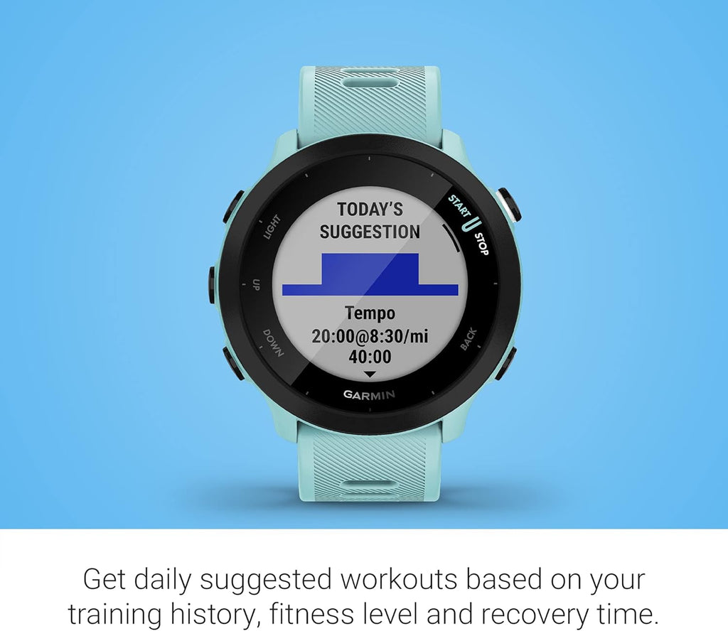 Garmin Forerunner 55, GPS Running Watch with Daily Suggested Workouts, Up to 2 weeks of Battery Life, Aqua One Size (Renewed)