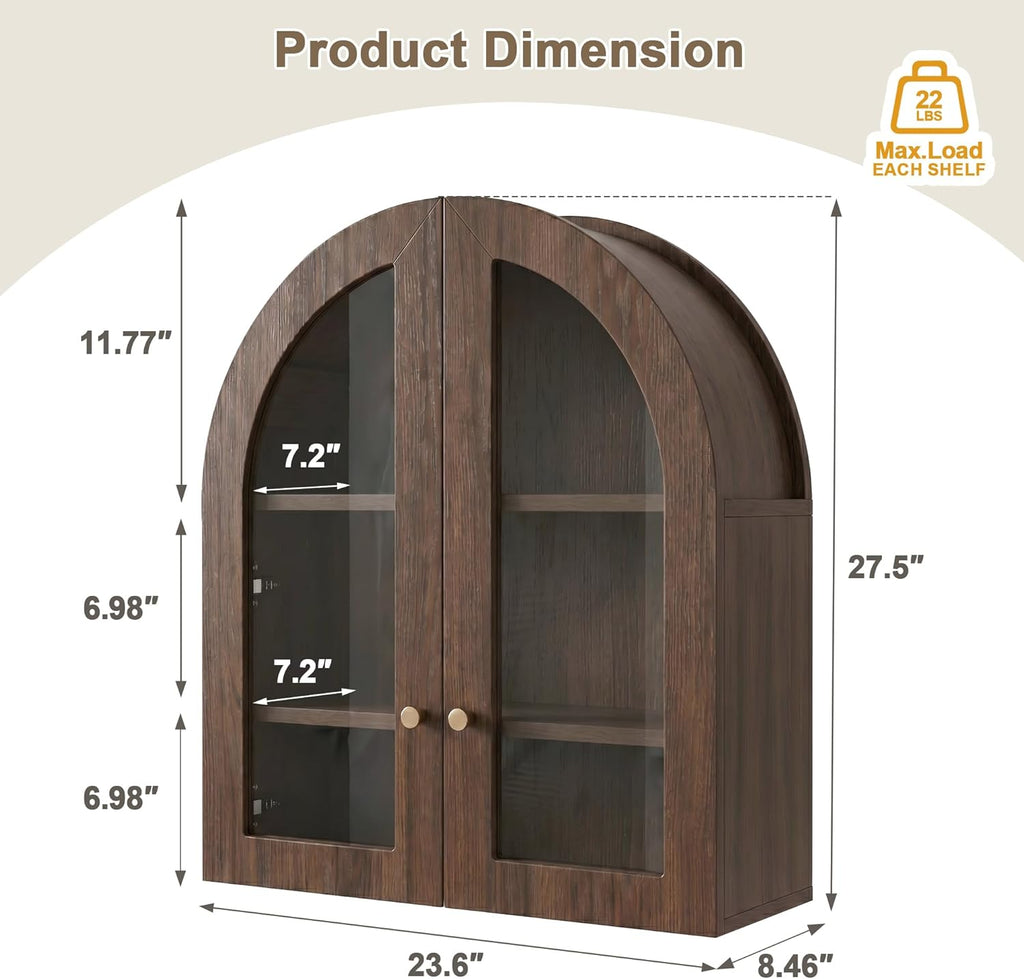 Arched Wall Cabinet, Bathroom Cabinet Wall Mount with Glass Doors & Adjustable Shelf, Floating Medicine Cabinet for Bathroom, Kitchen, Living Room Storage, Walnut