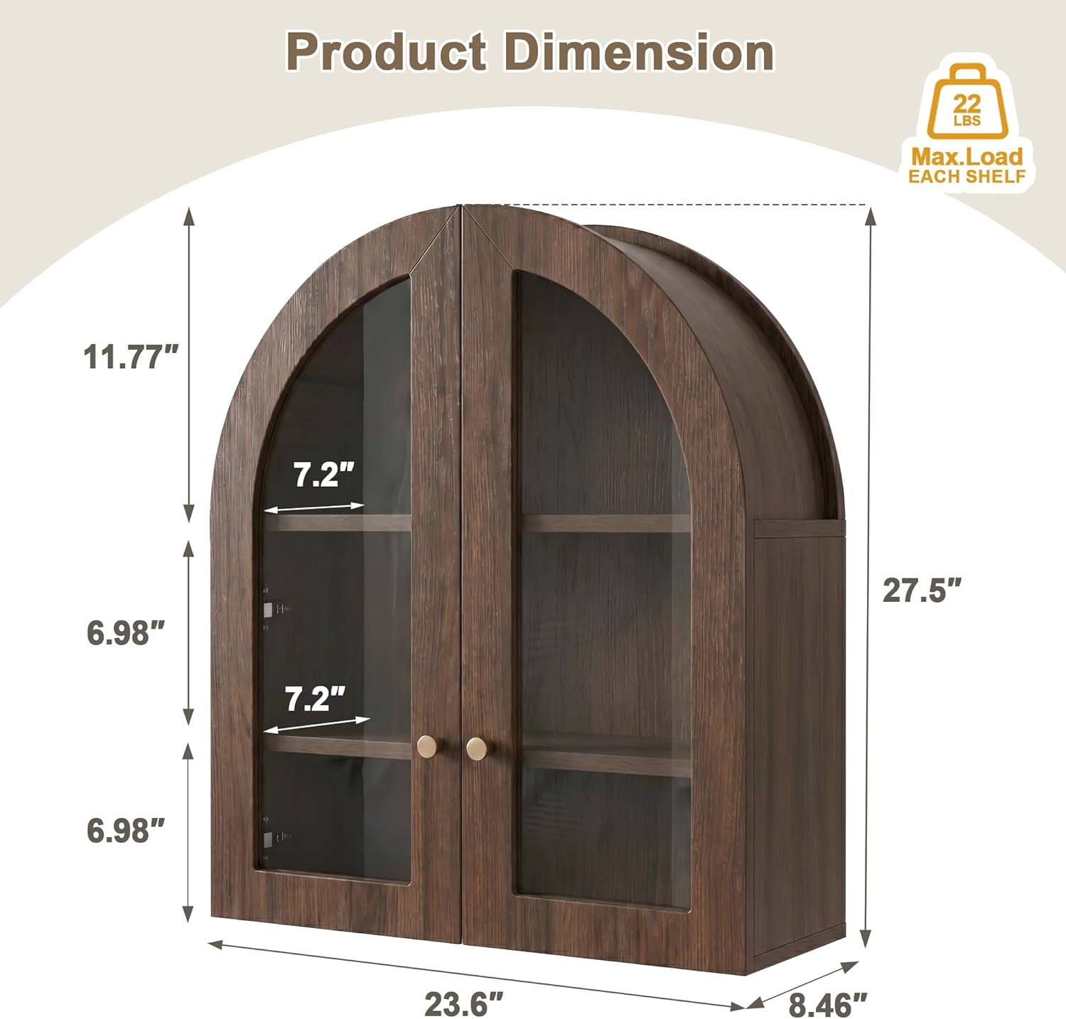 Arched Wall Cabinet, Bathroom Cabinet Wall Mount with Glass Doors & Adjustable Shelf, Floating Medicine Cabinet for Bathroom, Kitchen, Living Room Storage, Walnut