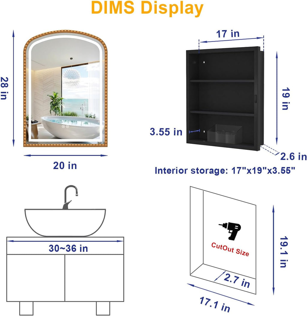 20x28 Inch Arched Medicine Cabinet with Mirror and Lights, LED Bathroom Mirror Cabinet with Defogging & Touch Light, Surface Mount and Recessed with 1 Storage Organizer, Daisy Beaded Frame Bling Gold