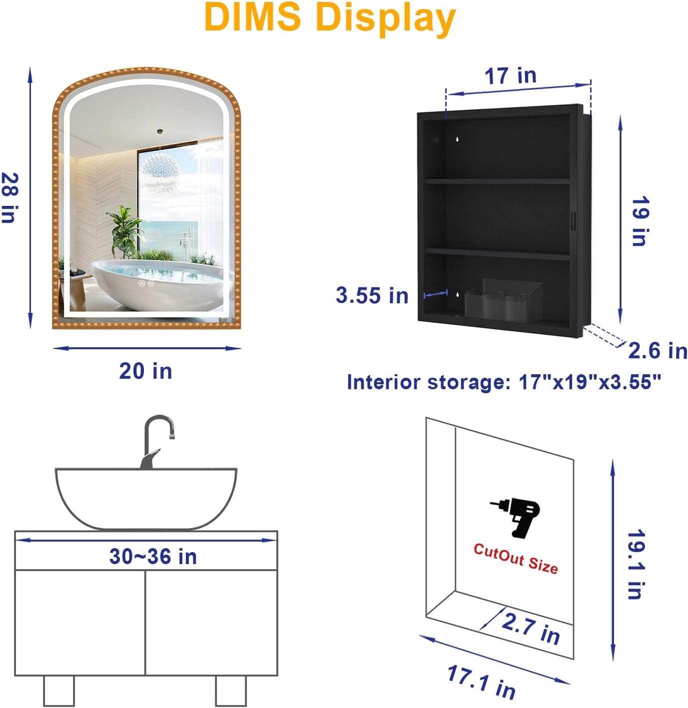20x28 Inch Arched Medicine Cabinet with Mirror and Lights, LED Bathroom Mirror Cabinet with Defogging & Touch Light, Surface Mount and Recessed with 1 Storage Organizer, Daisy Beaded Frame Bling Gold