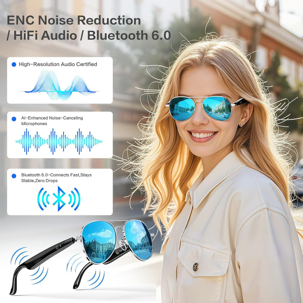EarlySincere AI Smart Glasses, Smart Translation Glasses That Support 164 Language Translation, IP65 Waterproof Smart Sunglasses, Classic Aviator Sunglasses with Voice Assistant/AI Call/Chat GPT