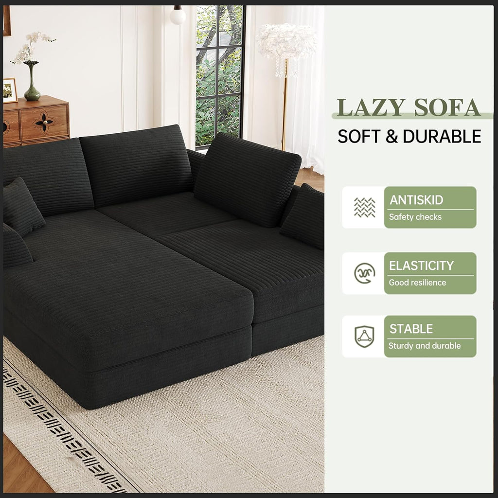 106" Modular Sectional Sofa with Reversible Chaise, Black Corduroy L-Shaped Cloud Couch for Living Room Apartment, 3-Piece Set, No Assembly Required, High-Density Supportive Foam
