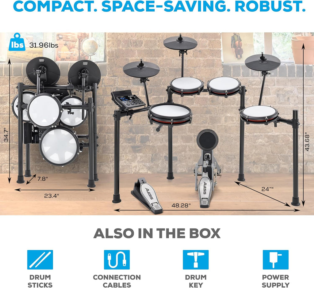 Alesis Nitro Max Kit Compact Electric Drum Kit with Quiet Mesh Pads, 10" Dual-Zone Snare, Bluetooth, 440+ BFD Sounds, Drumeo, USB MIDI, Kick Pedal