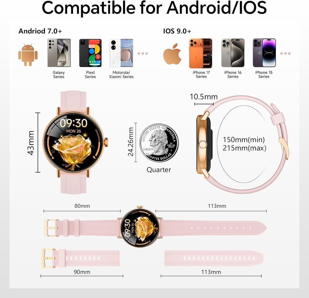 Smart Watch for Women,1.57" Touch Screen Smartwatch for iPhone& Samsung& Android,Answer/Make Call,Fitness Tracker with Heart Rate/SpO2/Sleep Monitor,IP68 Waterproof,110+ Sports Mode,2 Bands