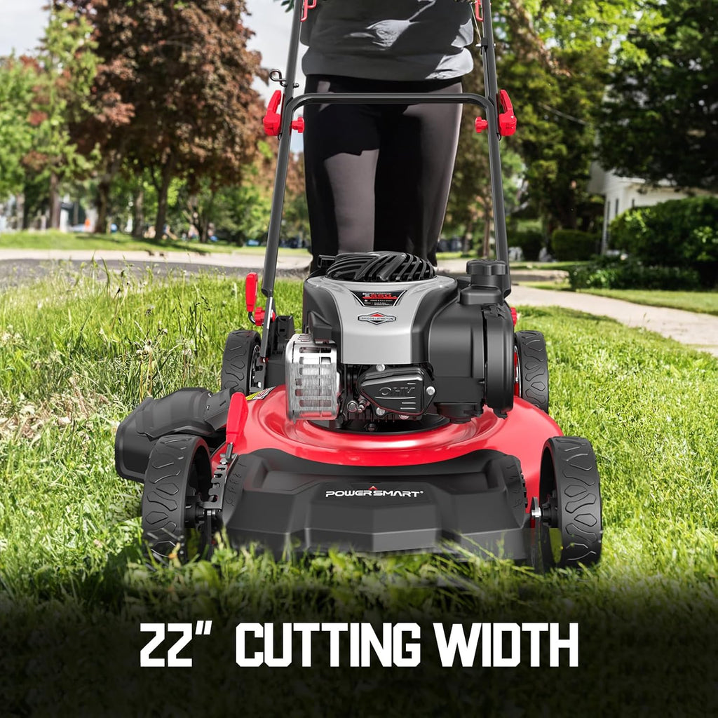 PowerSmart Self Propelled Gas Lawn Mower, 22-Inch with 140cc Briggs and Stratton E550 Engine 3-in-1 Rear-Wheel Drive Lawnmower with Bagging