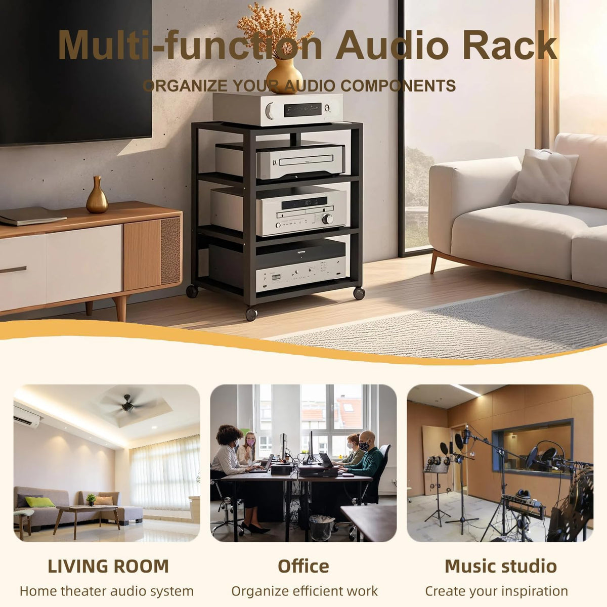 3/4/5 Tier Audio-Video Media Stand with Adjustable Shelves, Home Stereo System Entertainment Components Cabinet for Gaming, Meeting, Living, Recording Room, Black(50x40x90cm)