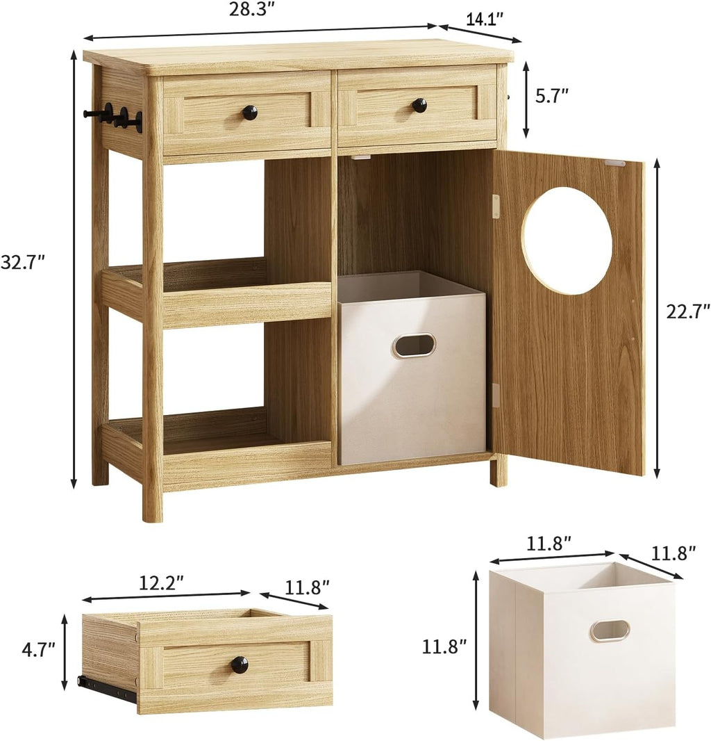 Laundry Hamper Cabinet, Hidden Laundry Storage Cabinet with 2 Drawers & Shelves, Removable Baskets Laundry Hamper with Clothes-Toss Hole for Bathroom, Bedroom, Living Room,Oak