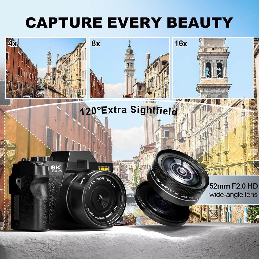 8K&64MP Digital Cameras for Photography, 16X Zoom, WiFi, 180° Flip Screen, Autofocus, Anti-Shake, Wide-Angle & Macro Lens, Built-in Fill Light, PU Leather Case, 64GB Card & 2 Batteries (Black)