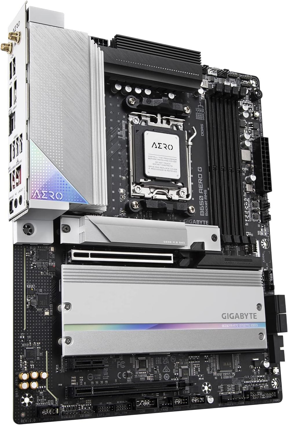 GIGABYTE B650 AERO G AMD AM5 ATX Motherboard, Support Ryzen 9000/8000/7000 Series, DDR5, Twin 16 Power Phase, DDR5, PCIe 5.0 M.2, USB-C 3.2 Gen 2, WIFI6E, 2.5GbE, EZ-Latch, Q-Flash, VisionLINK