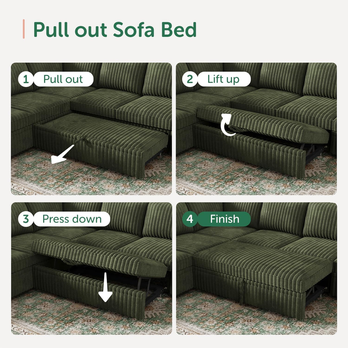 HONBAY Modular Sectional Sleeper Sofa with Pull Out Bed,Corduroy L Shaped Couch with Storage, Sectional Couches for Living Room,Green