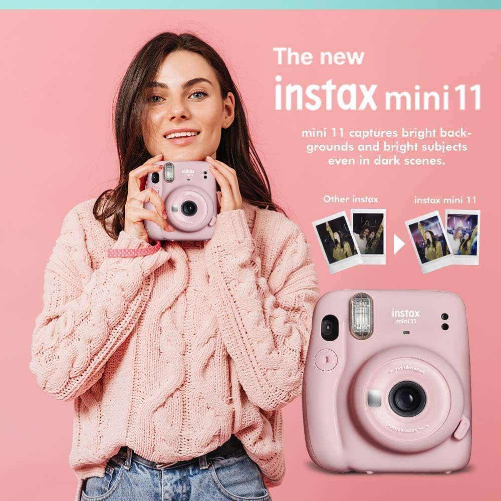 Fujifilm Instax Mini 11 Instant Camera Blush Pink + Fuji Film Value Pack (40 Sheets) + Shutter Accessories Bundle, Incl. Compatible Carrying Case, Quicksand Beads Photo Album 64 Pockets