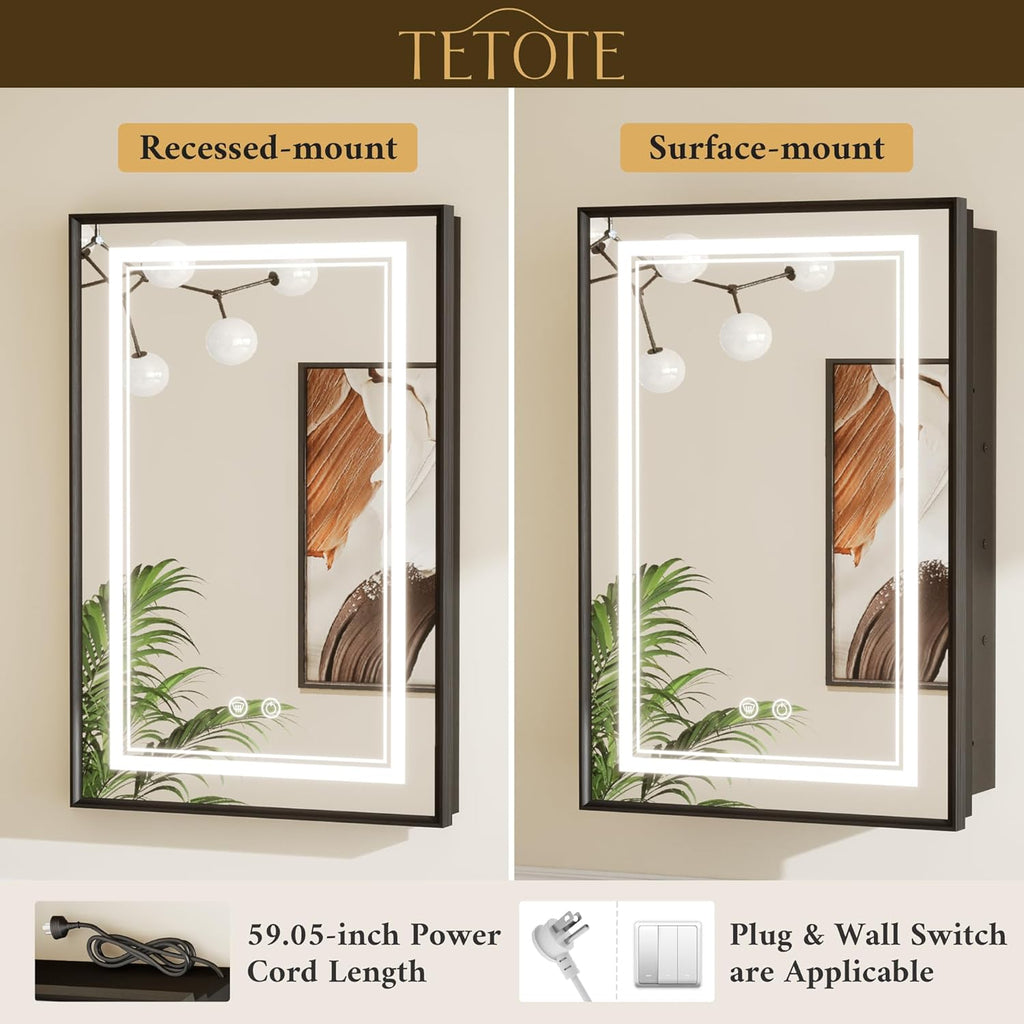 TETOTE Black Led Bathroom Medicine Cabinet with Mirror 20 x 26 Recessed or Surface Mount Metal Framed Lighted Medicine Cabinet, Tempered Glass, 3 Color Dimming, Anti-Fog, 2 Outlets, Adjustable Shelf