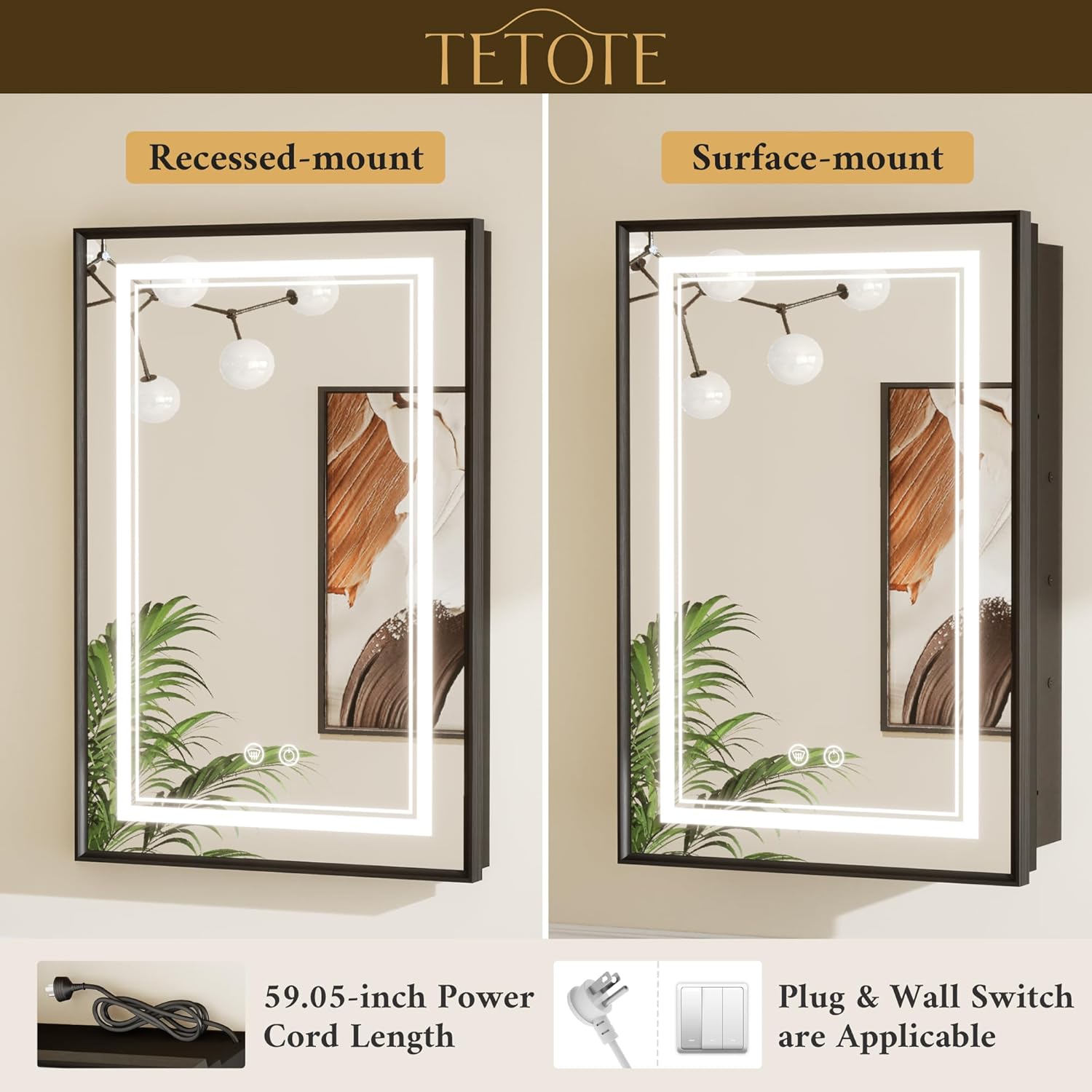 TETOTE Black Led Bathroom Medicine Cabinet with Mirror 20 x 26 Recessed or Surface Mount Metal Framed Lighted Medicine Cabinet, Tempered Glass, 3 Color Dimming, Anti-Fog, 2 Outlets, Adjustable Shelf