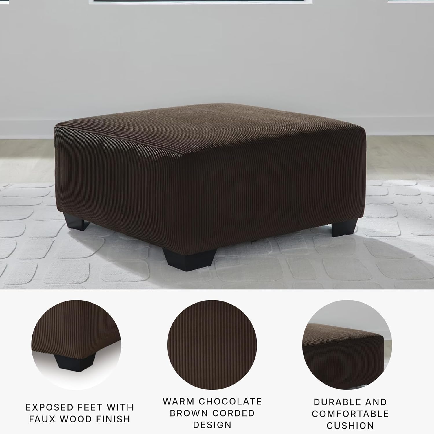Signature Design by Ashley Firescrest Transitional Upholstered Oversized Accent Ottoman with Textured Stripe Pattern, Dark Brown