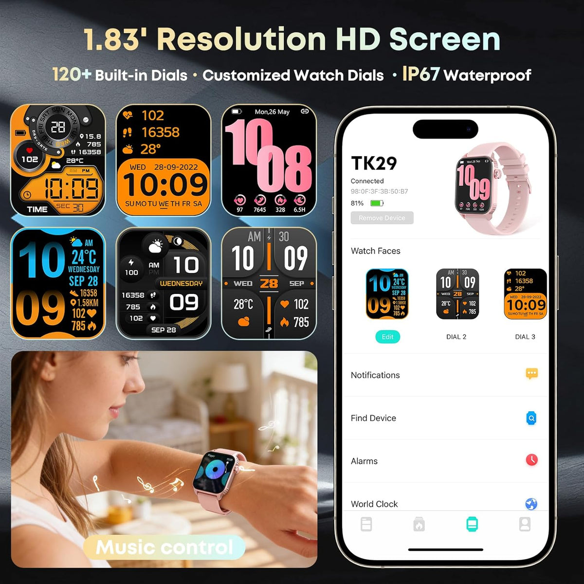 Smart Watches for Women Men, 120 Sports Modes Smartwatch with 1.83 inches HD Display, Heart Rate/Sleep Monitor, IP67 Waterproof, Bluetooth Call & Music Control for iPhone/Android (Pink)