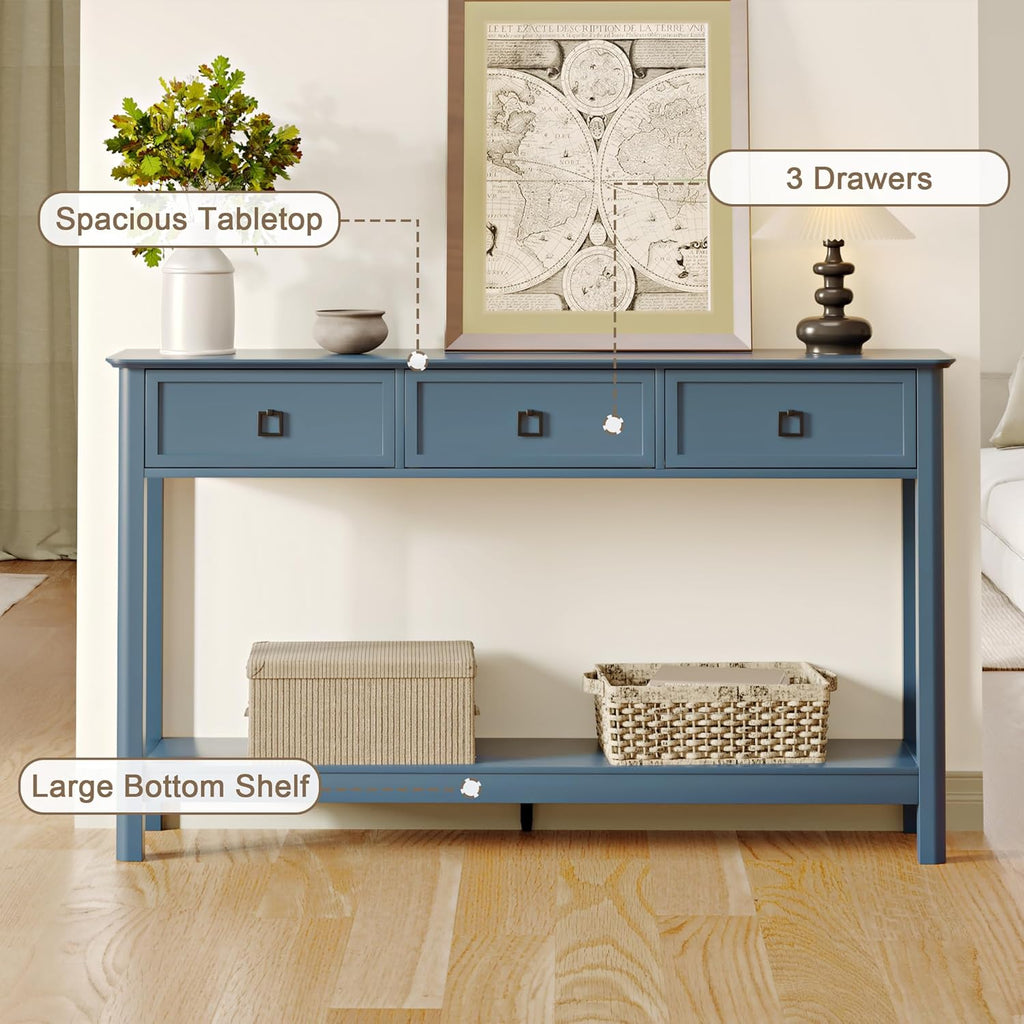 Treocho 53.1" Console Table with 3 Drawers, Modern Entryway Table, 2-Tier Narrow Long Sofa Table Behind Couch Table for Living Room, Hallway, Blue