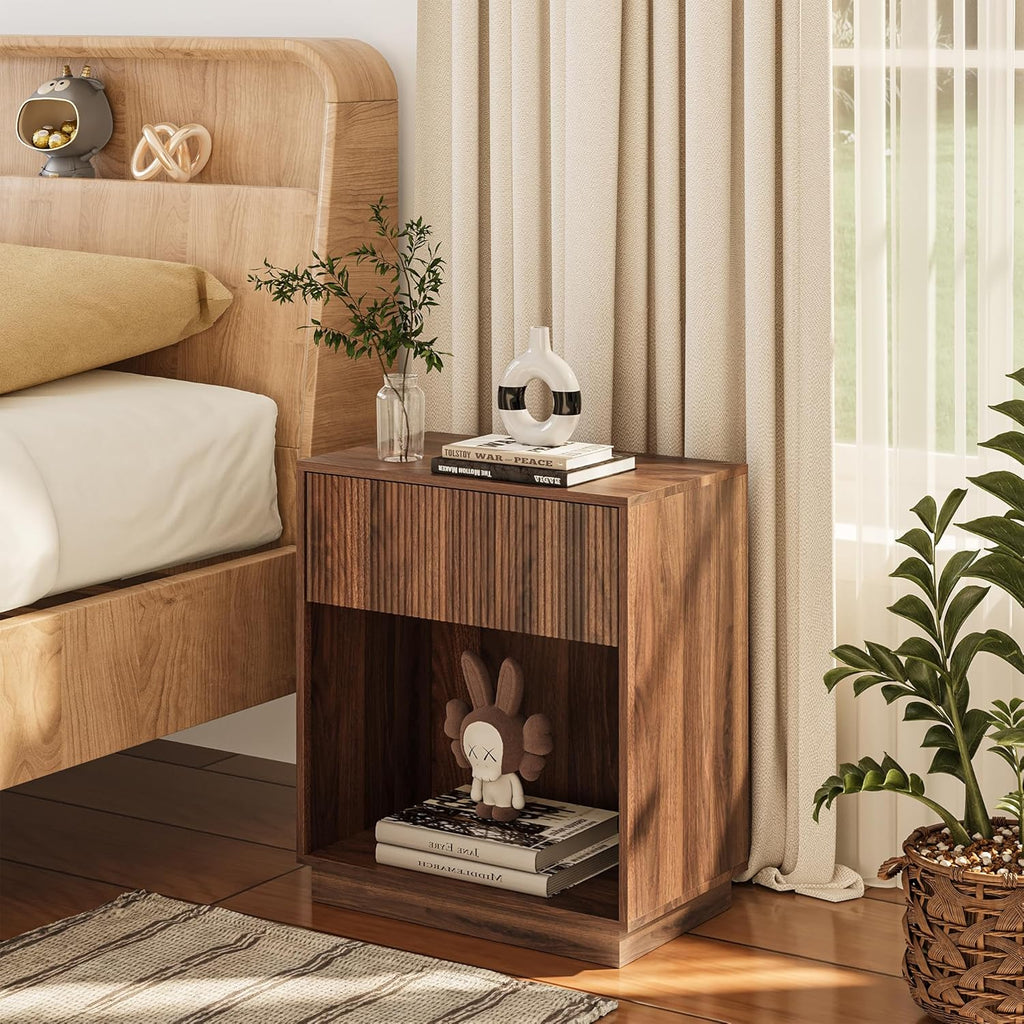 Fluted Nightstands Set of 2, Modern Bedside Table with Storage Drawer and Open Wood Shelf, Wood End Table Mid Century Night Stands for Bedroom Living Room Sofa Couch Office Walnut Brown
