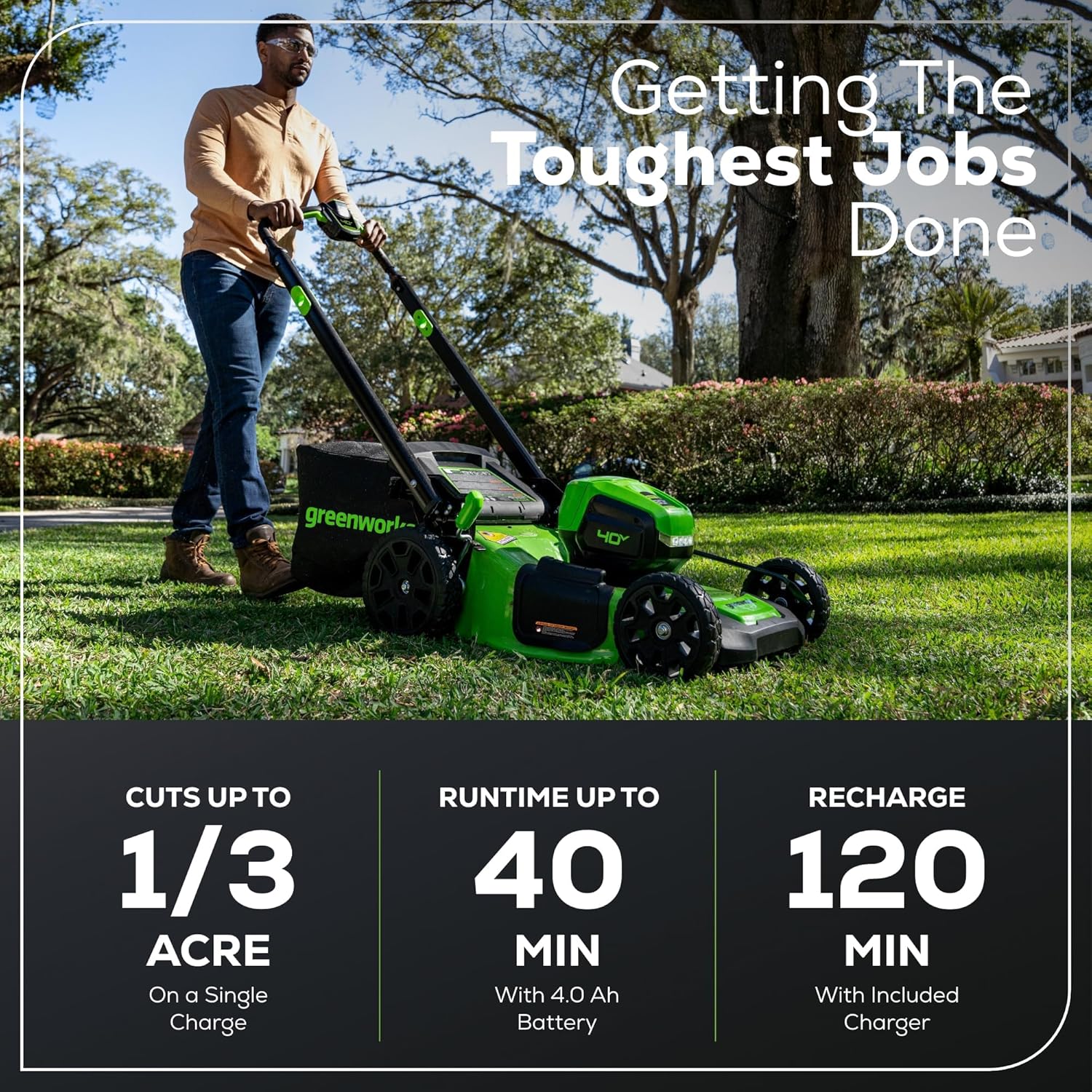 Greenworks 40V 20" Cordless Battery Push Lawn Mower, 13" String Trimmer & 350 CFM Leaf Blower w/ 4.0Ah Battery & Charger
