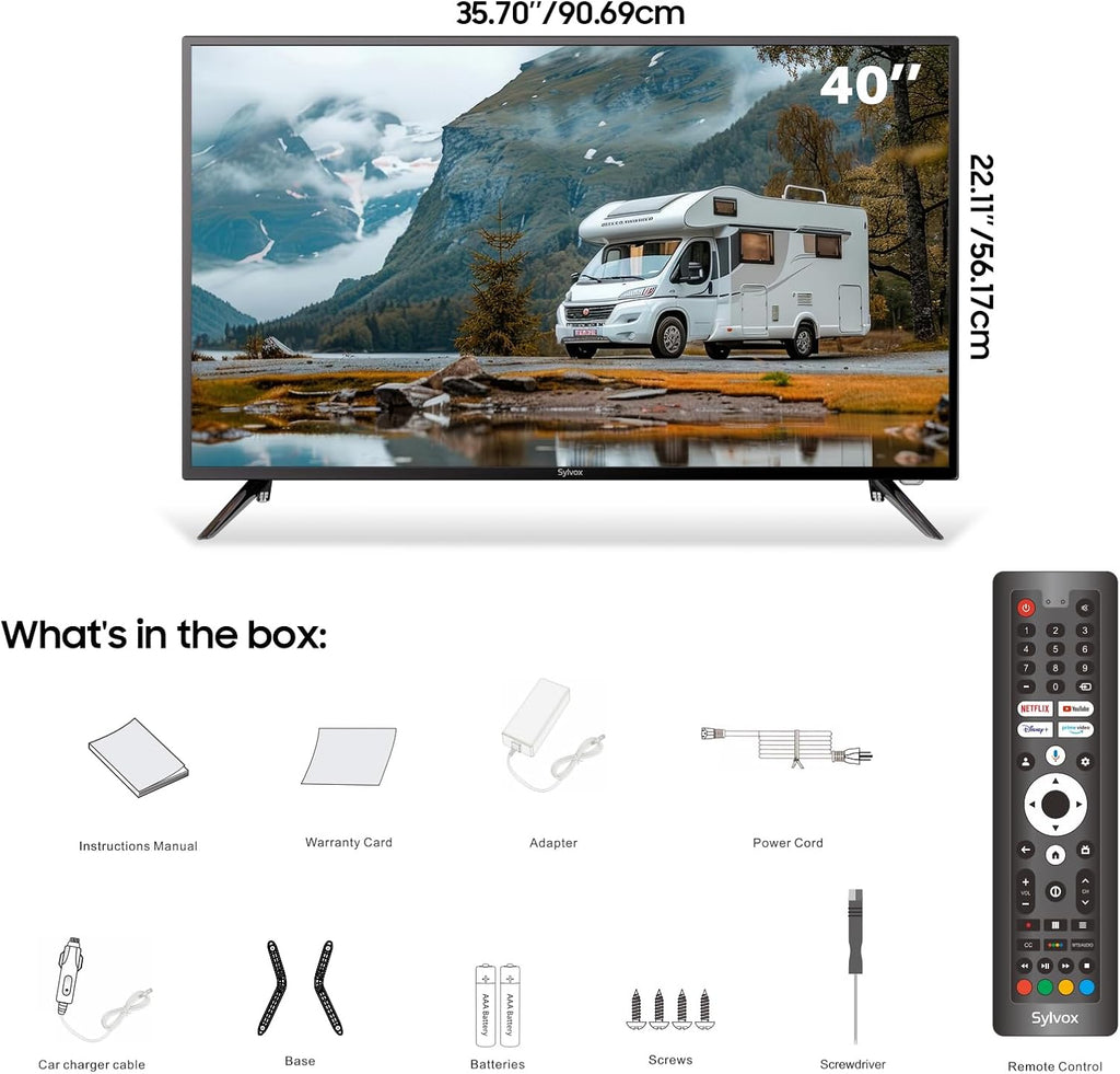SYLVOX 40" 12V TV for RV, 12-24V DC/110V AC Powered Smart Television, 1080P FHD Google TV with Voice Assistant, WiFi Bluetooth, for Camper Truck Marine & Home