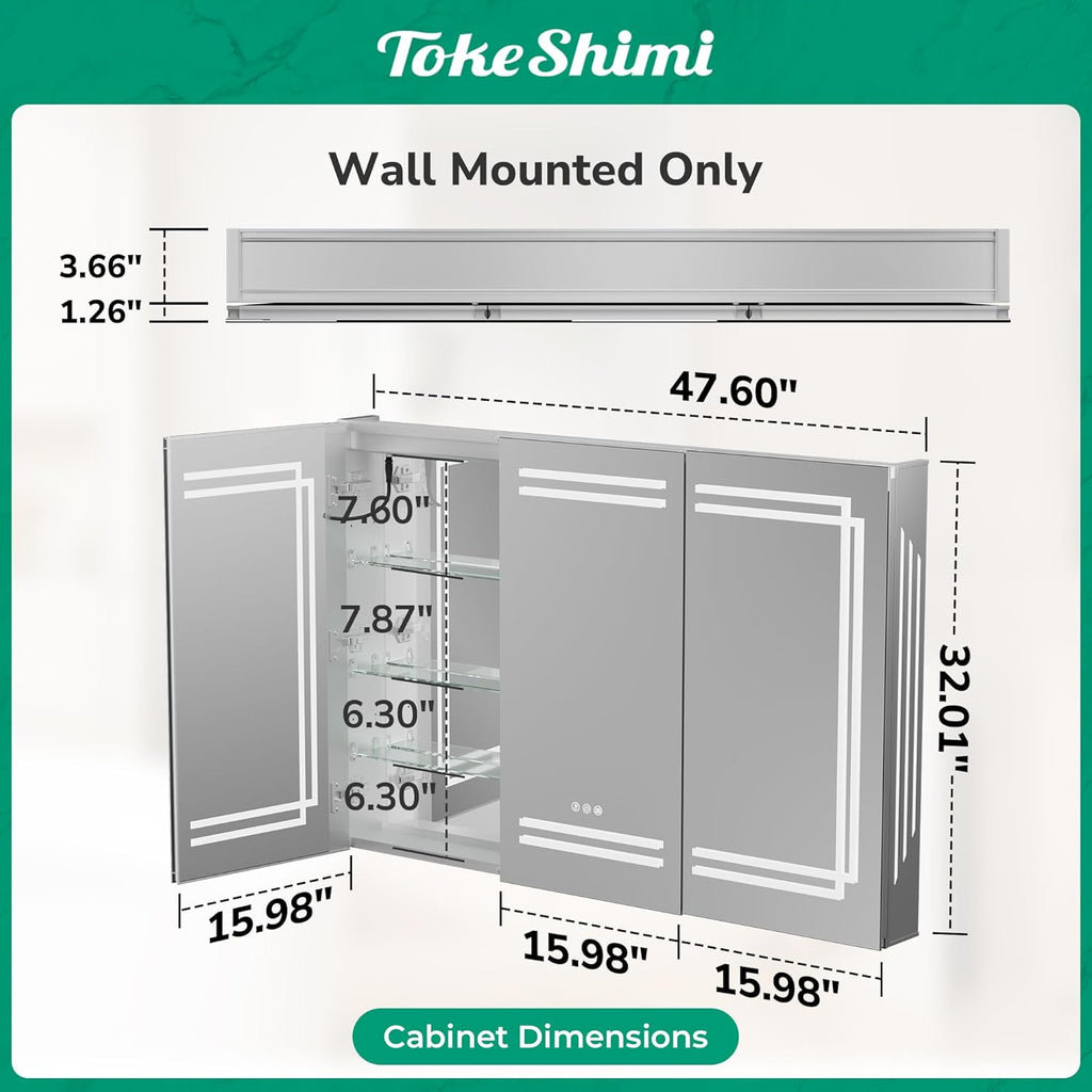 TokeShimi 48x32 Inch Lighted Medicine Cabinet, LED Medicine Cabinet with Lights, Wall-Mounted Bathroom Cabinet Mirror with 3 Color Temperature, Anti-Fog, CRI 80+, Memory Function, Tempered Glass