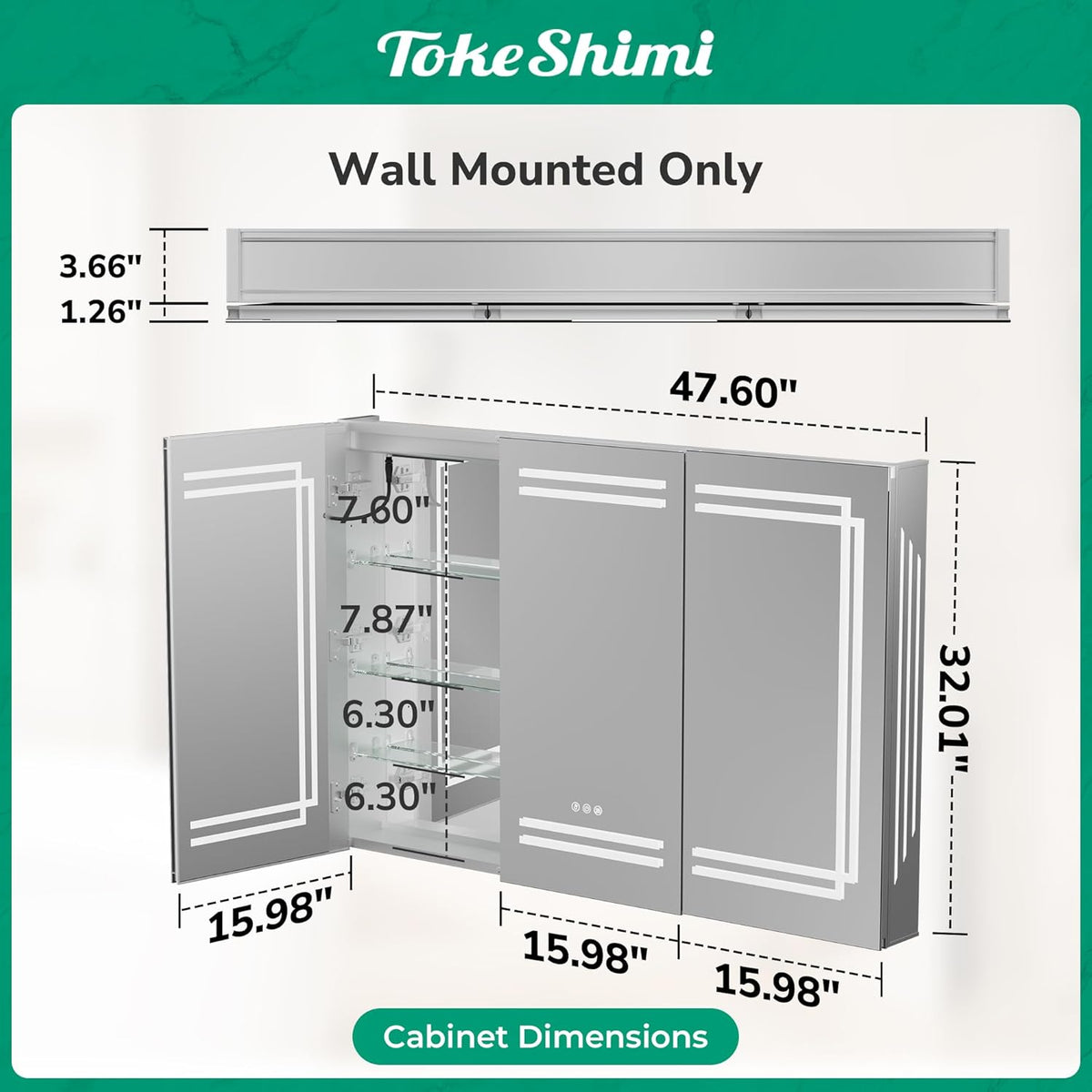 TokeShimi 48x32 Inch Lighted Medicine Cabinet, LED Medicine Cabinet with Lights, Wall-Mounted Bathroom Cabinet Mirror with 3 Color Temperature, Anti-Fog, CRI 80+, Memory Function, Tempered Glass