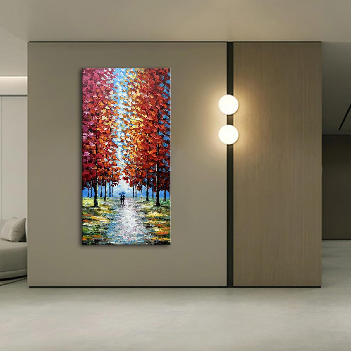 Alenoss Hand Painted 3D Abstract Oil Paintings on Canvas 24x48 Inches Large Modern Forest Landscape Vertical Red Canvas Wall Art Framed Artwork for Living room Bedroom Tree Art Decor