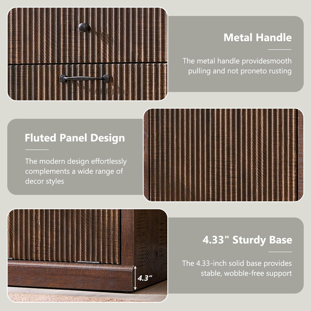 IFBUY Modern Double Tilt-Out Laundry Hamper Cabinet, 20 Gallon Fluted Trash Can Cabinet w/2 Drawers, Wooden Hidden Garbage Can Cabinets w/Laundry Basket, Free Standing for Bathroom and Kitchen, Brown