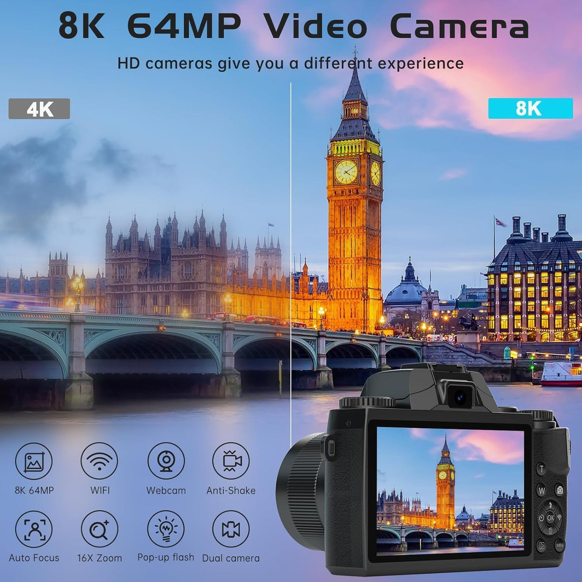 8K Digital Camera for Photography, WiFi & Dual-Lens Vlogging Camera for YouTube with 4" Touch Screen, 64MP Vlog Cameras 16X Digital Zoom with 3000mAh Battery, 32GB TF Card & Lens Hood(Black)